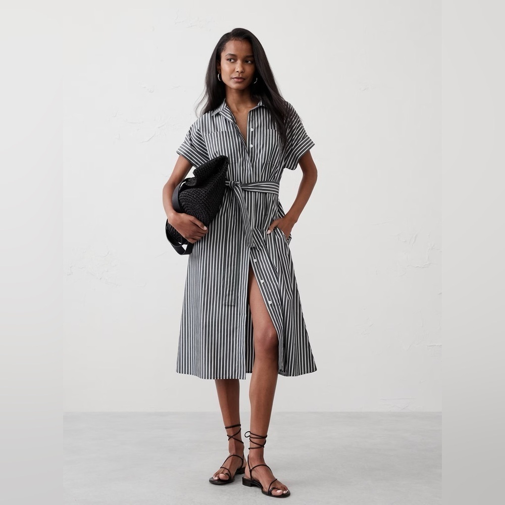 Banana Republic Black and White Striped Midi Shirt Dress